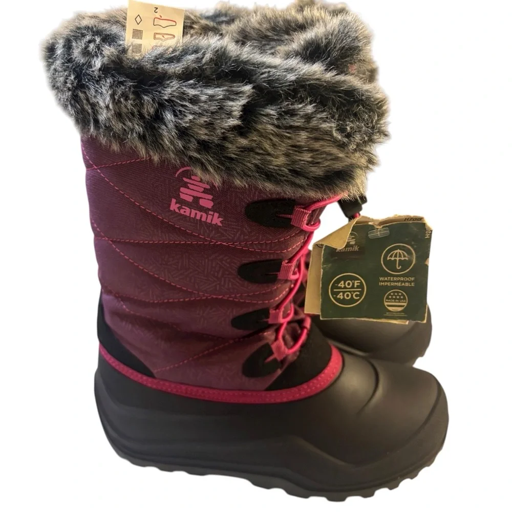 Kamik Girl’s Fur-Lined Vegan Winter Snow Outdoor Boots - Black and Pink Size 4 - Picture 5 of 9